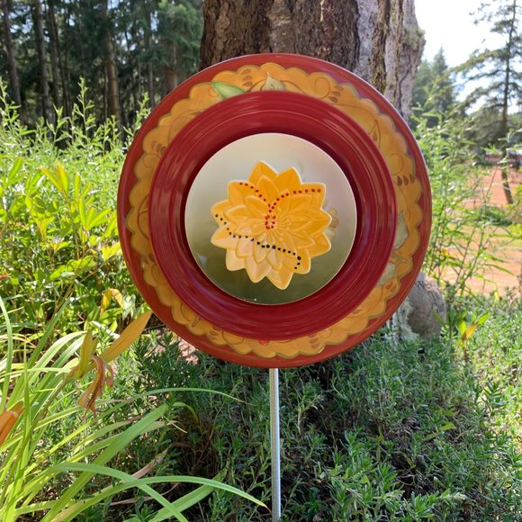 Handmade Rust/Green/Yellow Glass Plate Flower for Your Yard/Garden or Patio